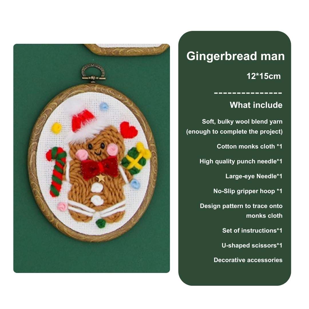 Gingerbread man punch needle kit with festive candy cane and holiday gifts, a fun DIY craft project for the holiday season