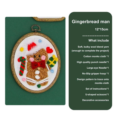 Gingerbread man punch needle kit with festive candy cane and holiday gifts, a fun DIY craft project for the holiday season