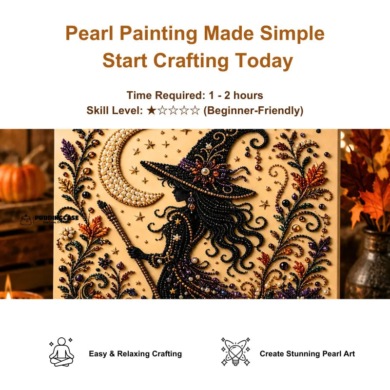 Close-up of Halloween Witch pearl painting with beginner-friendly 1 to 2 hour project details