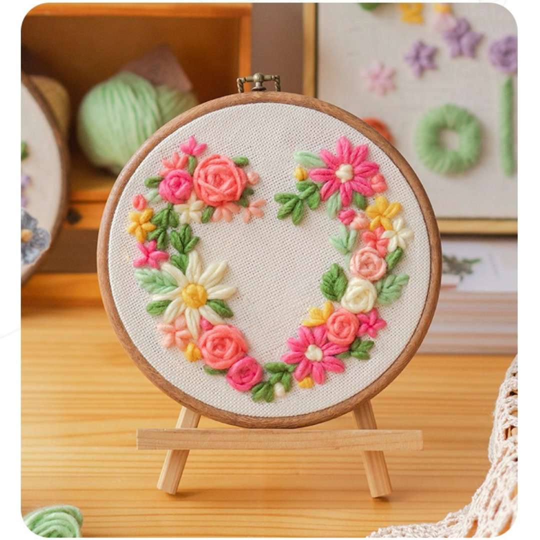 25cm heart-shaped floral needle punch embroidery kit, featuring vibrant flowers and beginner-friendly materials for DIY crafting