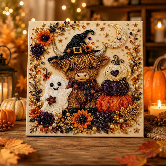Highland Cow Halloween pearl painting displayed as sparkling seasonal home décor