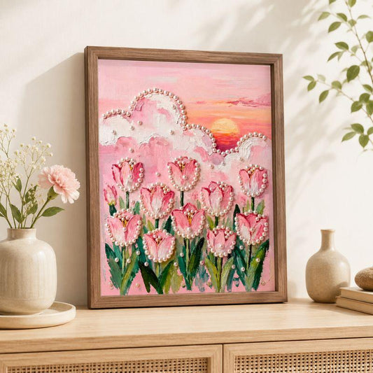 Framed pink tulip pearl painting displayed as floral home décor