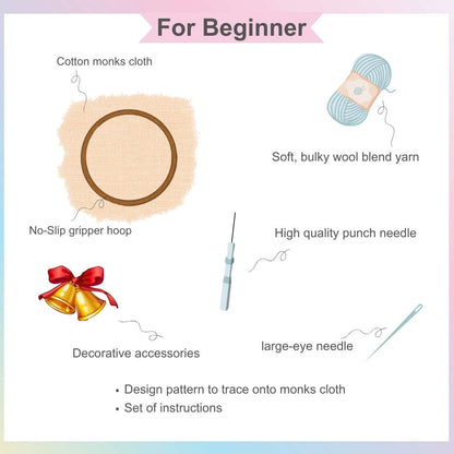 Beginner-friendly punch needle Christmas wreath crafting kit, featuring vibrant colors and decorative elements.