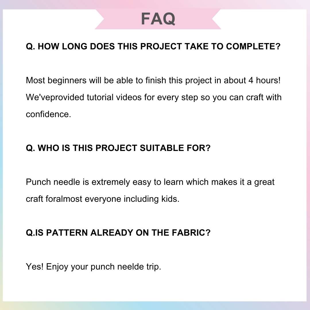 FAQ section for Puddingcase punch needle kit, answering common questions about project duration, suitability, and pre-drawn fabric patterns for beginners.