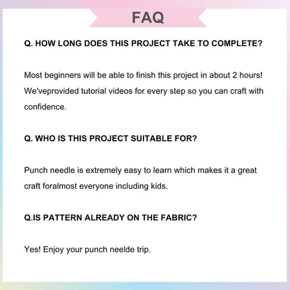 Frequently asked questions about the Puddingcase Punch Needle Kit, including project duration, suitability, and pre-drawn patterns