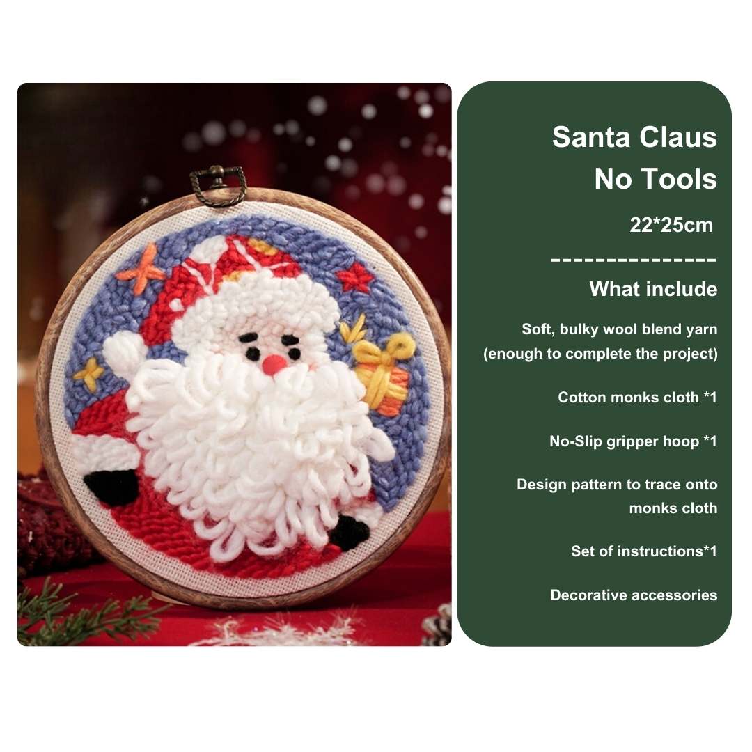 Front view of Santa Claus punch needle kit without tools, with vibrant red suit and fluffy white beard