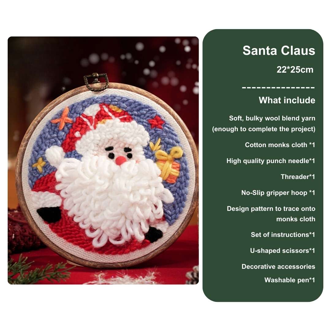 Santa Claus punch needle kit with a festive red suit, fluffy white beard, and gift details, ideal for holiday-themed DIY embroidery