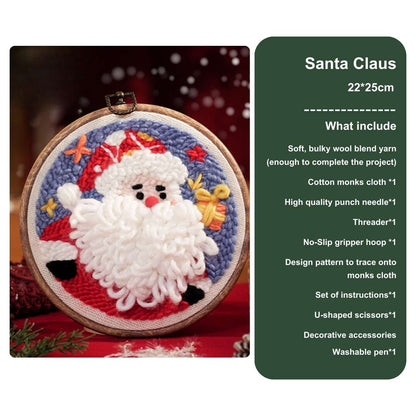 Santa Claus punch needle kit with a festive red suit, fluffy white beard, and gift details, ideal for holiday-themed DIY embroidery