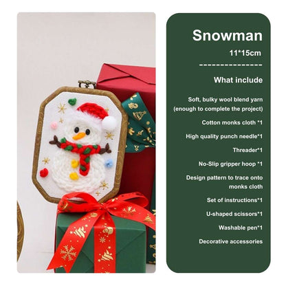 Snowman punch needle kit with a cheerful scarf and Santa hat, a perfect winter-themed DIY craft project