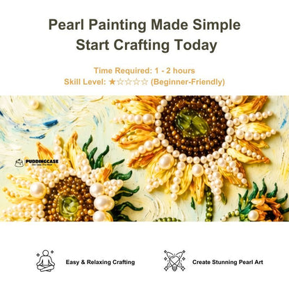 Close-up of sunflower pearl painting showing pearl details and beginner-friendly 1 to 2 hour project information