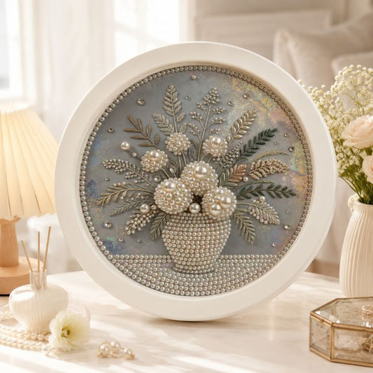 Round vintage floral vase pearl painting displayed as neutral botanical home décor