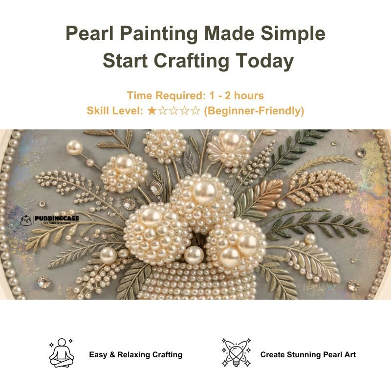 Close-up of vintage floral vase pearl art showing botanical details and beginner-friendly 1 to 2 hour project information