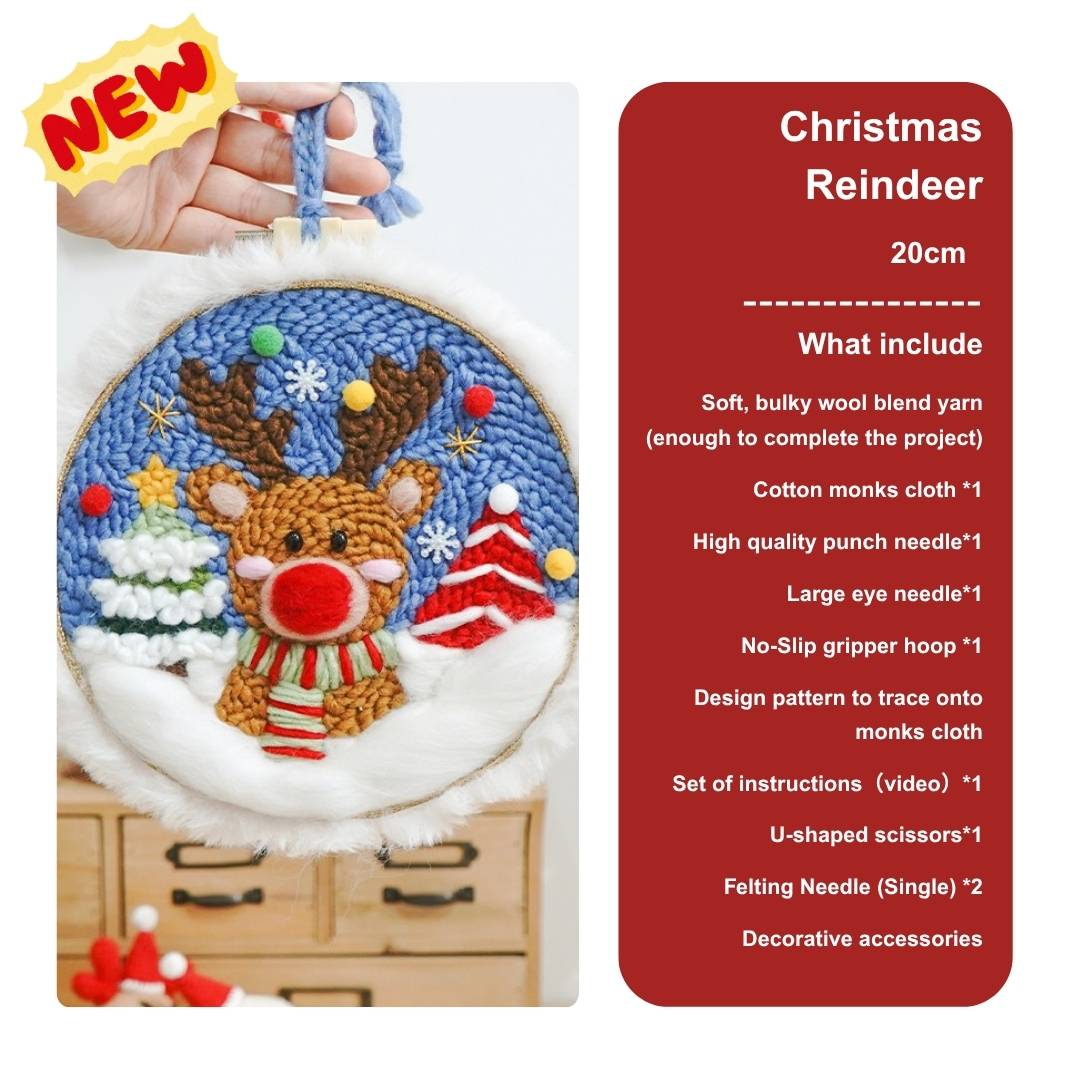 Xmas Punch Needle Kit Collection - Easy for Beginners Christmas Gift Beginner - Include Tools Christmas Reindeer